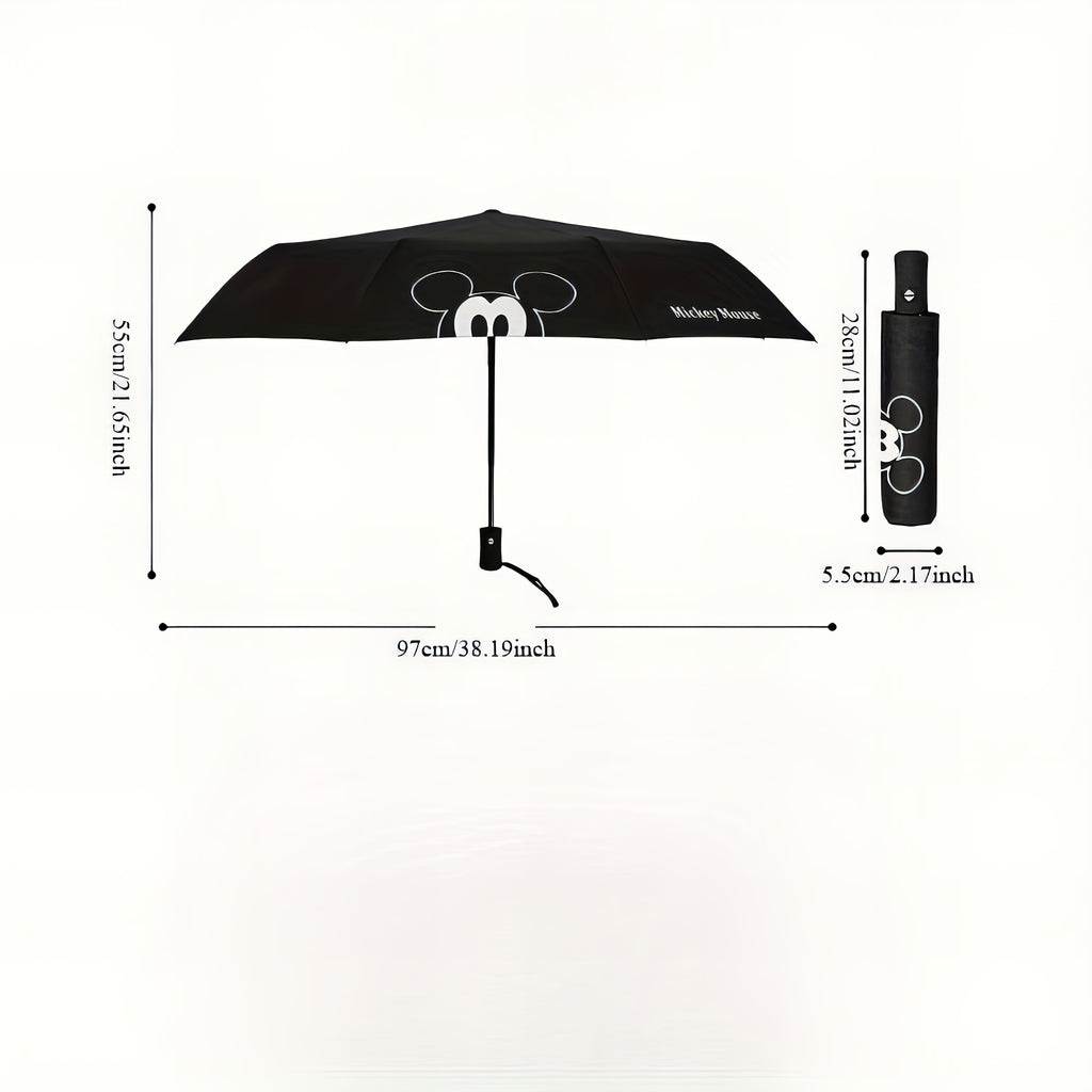 Minnie Mouse Black Foldable Umbrella - Automatic, 8-Rib Steel Frame, Durable Pongee Canopy with EVA Handle, Perfect for Sun & Rain, Rain Gear|Playful Design|Steel Frame Umbrella
