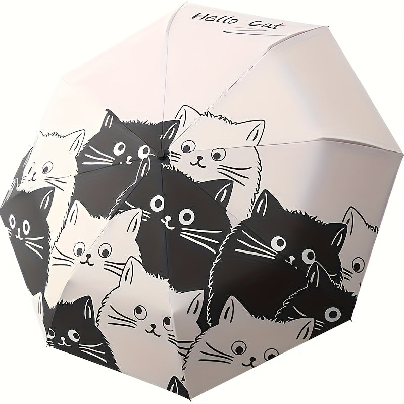 Cute Cartoon Cat Automatic Folding Umbrella - UV Protection & Rain Dual-Use Compact Lightweight Umbrella with 8-Rib Carbon Fiber Frame, Durable 190T Fabric for Students, Travel, Going Out, Outdoor Umbrella