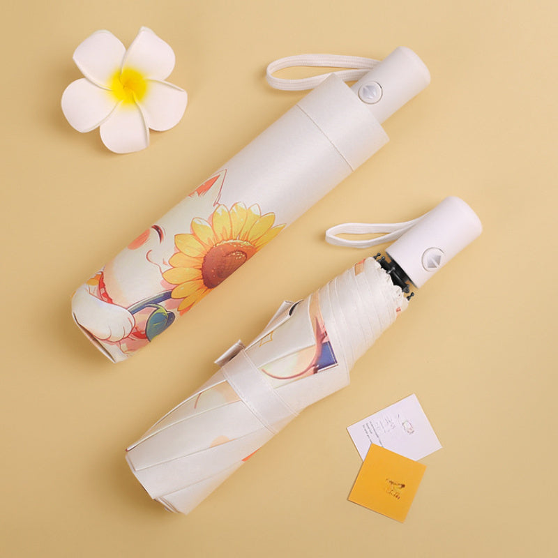 Cat & Sunflower Automatic Sun Umbrella - UV Protection Travel Umbrella with 8-Rib Compact Folding Design, Cute Cat Holding Sunflower Pattern, Lightweight Windproof for Rain & Shine, Stylish Outdoor Accessory