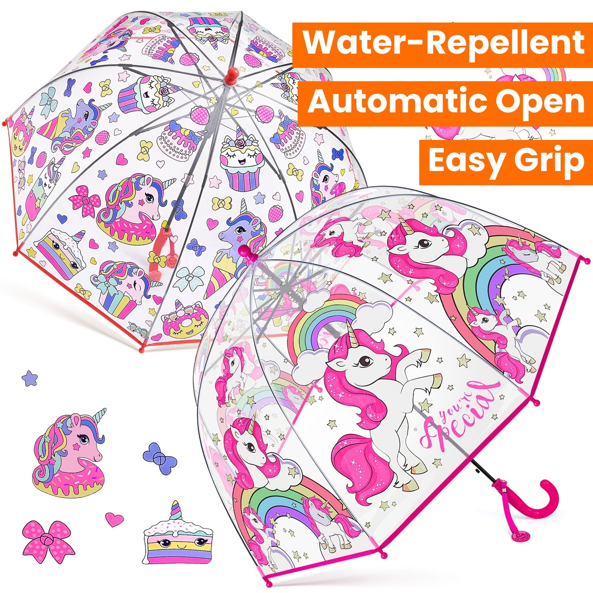 2pcs Unicorn Bubble Umbrellas, Automatic Open, 8 Ribs, Carbon Fiber & PE Handle, Water-Repellent PVC Canopy, Easy Grip Curved Handle for Boys and Girls