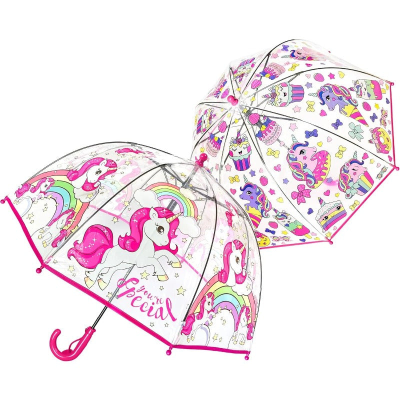 2pcs Unicorn Bubble Umbrellas, Automatic Open, 8 Ribs, Carbon Fiber & PE Handle, Water-Repellent PVC Canopy, Easy Grip Curved Handle for Boys and Girls