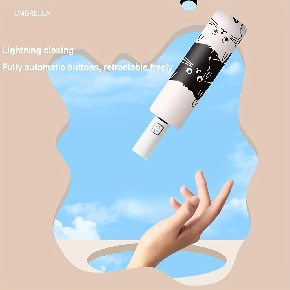 Cute Cartoon Cat Automatic Folding Umbrella - UV Protection & Rain Dual-Use Compact Lightweight Umbrella with 8-Rib Carbon Fiber Frame, Durable 190T Fabric for Students, Travel, Going Out, Outdoor Umbrella