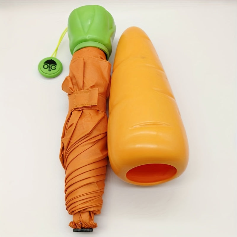 Kids' Cartoon Carrot Foldable Umbrella - Dual-Purpose Sun & Rain Protection, Windproof, Portable, Orange with Green Leaf Accents, Ideal for Outdoor Play & Everyday Use, Umbrella for Rain