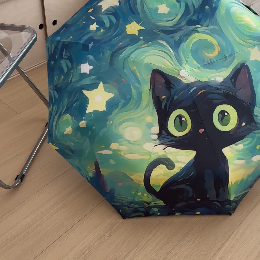 1pc Van Gogh Inspired Black Cat Pattern Folding Umbrella, Casual Cute Fashion Style, Manual Open, 8 Ribs, Pongee & Iron Material, Foldable Sunshade with UV Protection