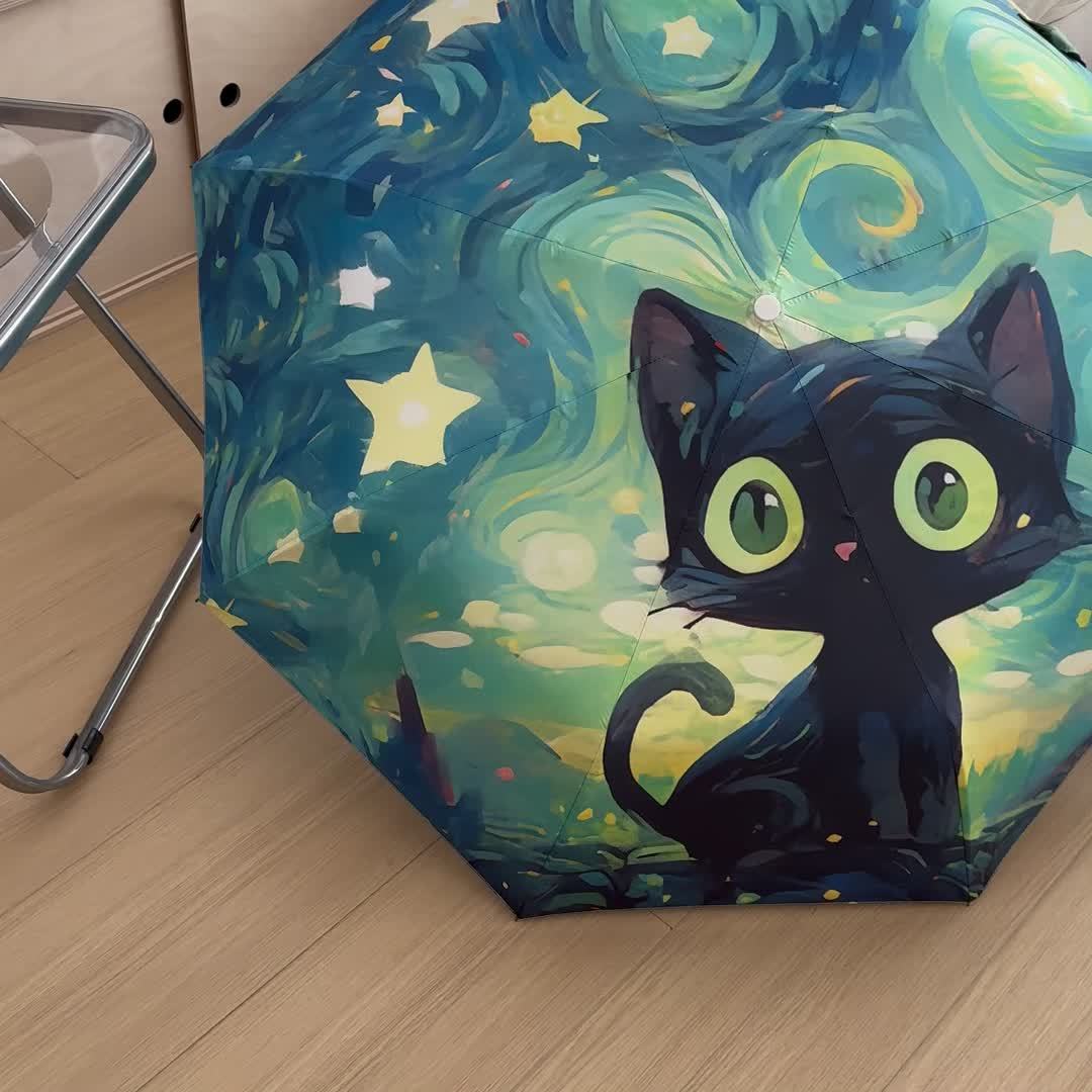 1pc Van Gogh Inspired Black Cat Pattern Folding Umbrella, Casual Cute Fashion Style, Manual Open, 8 Ribs, Pongee & Iron Material, Foldable Sunshade with UV Protection