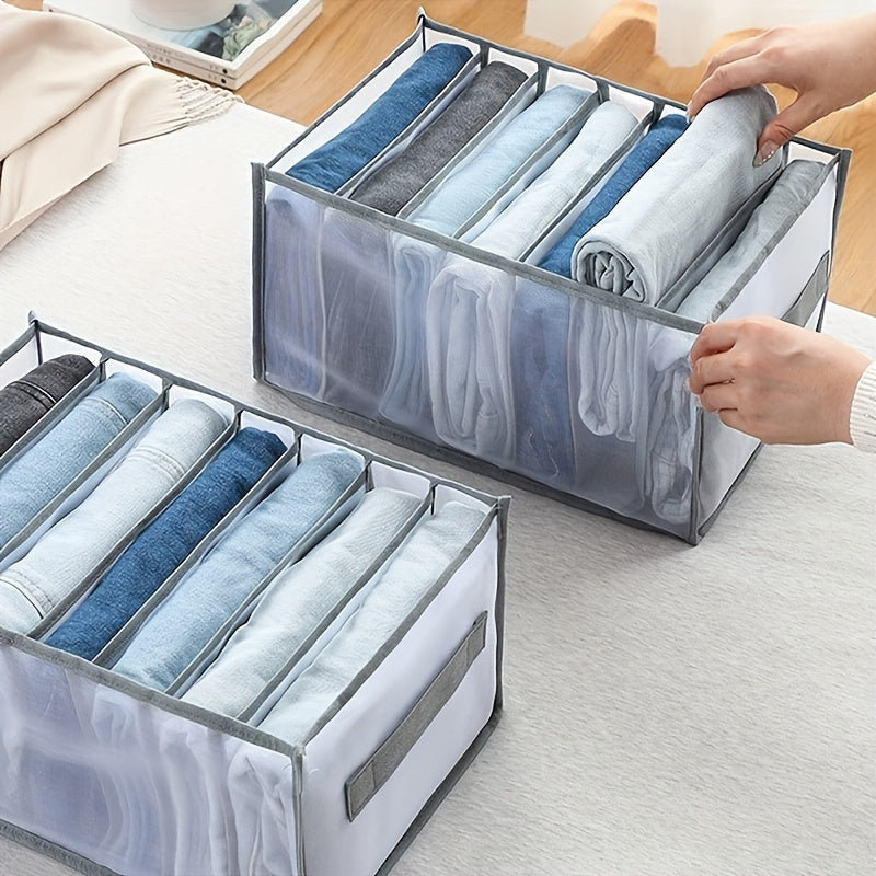 1pc Foldable Closet Organizer with 7-Grid Drawer, Washable Wardrobe Clothes Storage for Jeans and T-Shirts, Non-Textile Material, Grey with Handle