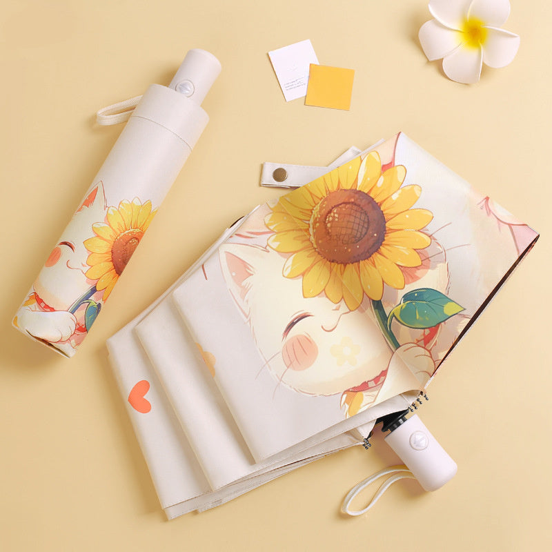 Cat & Sunflower Automatic Sun Umbrella - UV Protection Travel Umbrella with 8-Rib Compact Folding Design, Cute Cat Holding Sunflower Pattern, Lightweight Windproof for Rain & Shine, Stylish Outdoor Accessory