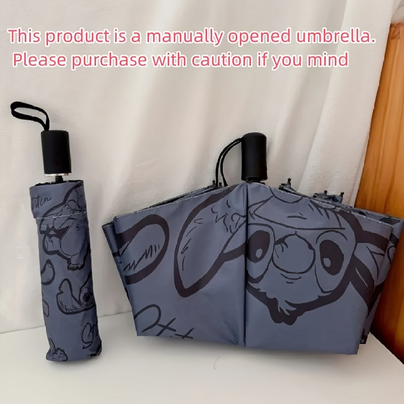 1pc Stitch Printed Manual Umbrella, Dual Use Sunshade, Black Rubber Sunscreen, Folding Outdoor Accessory for Camping, Hiking, Travel, Back to School, Ideal for Birthday, Christmas, Mother's Day Gifts