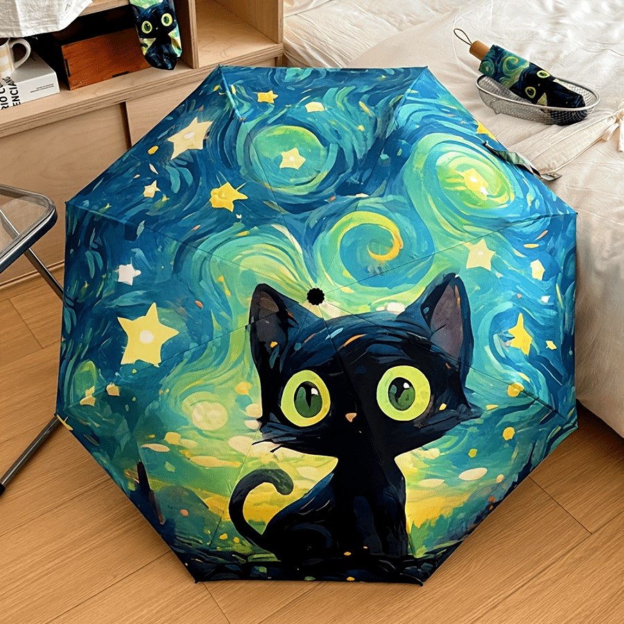 1pc Van Gogh Inspired Black Cat Pattern Folding Umbrella, Casual Cute Fashion Style, Manual Open, 8 Ribs, Pongee & Iron Material, Foldable Sunshade with UV Protection
