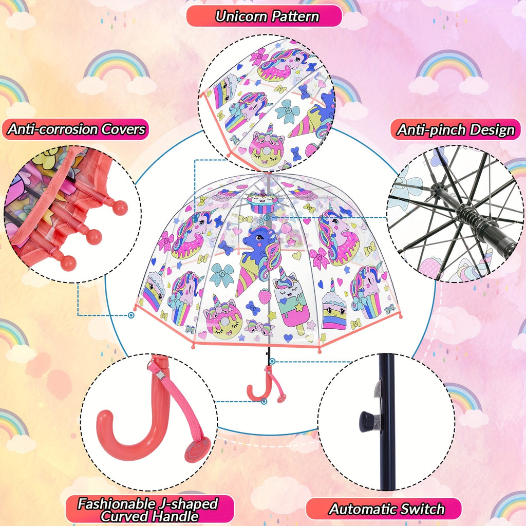 2pcs Unicorn Bubble Umbrellas, Automatic Open, 8 Ribs, Carbon Fiber & PE Handle, Water-Repellent PVC Canopy, Easy Grip Curved Handle for Boys and Girls