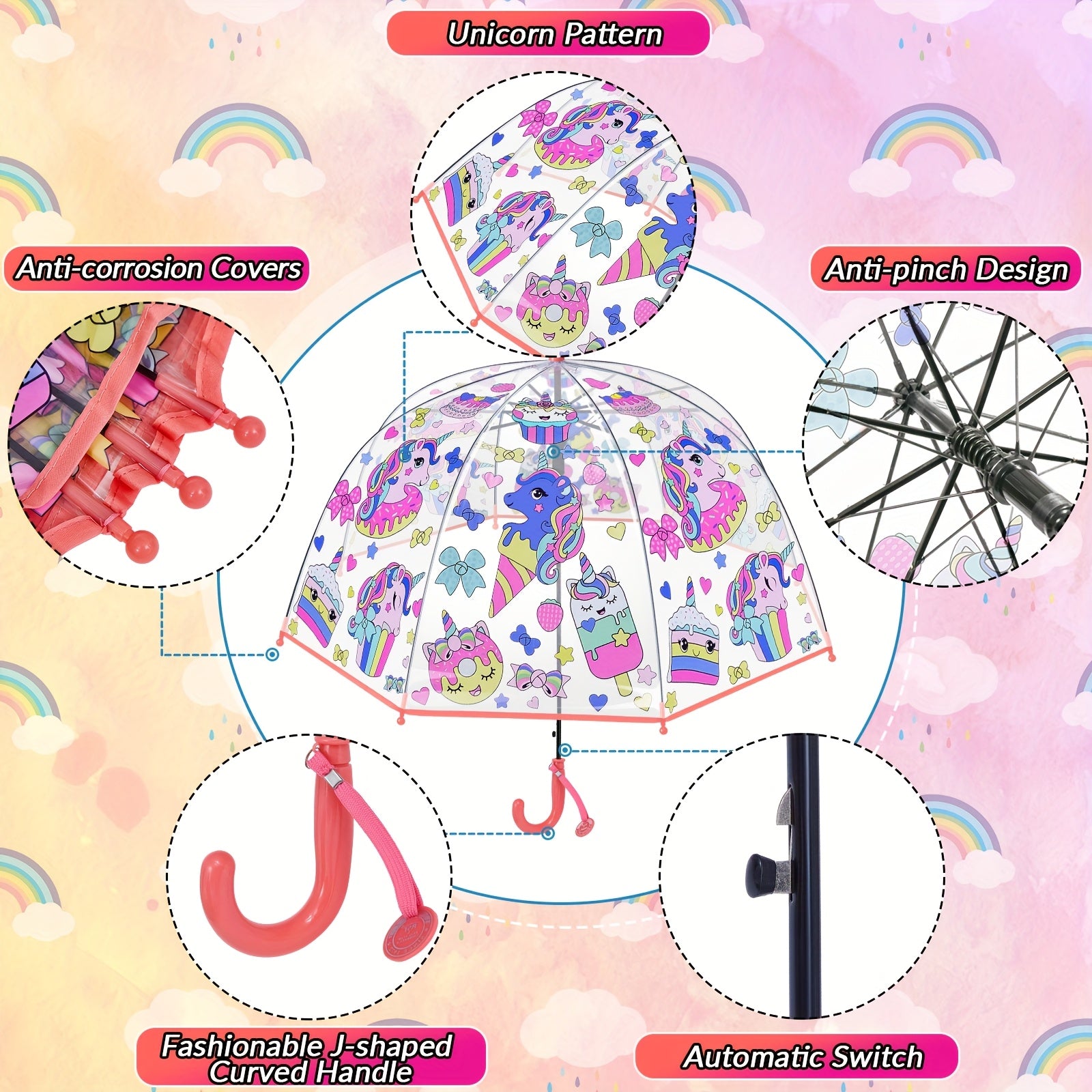 2pcs Unicorn Bubble Umbrellas, Automatic Open, 8 Ribs, Carbon Fiber & PE Handle, Water-Repellent PVC Canopy, Easy Grip Curved Handle for Boys and Girls