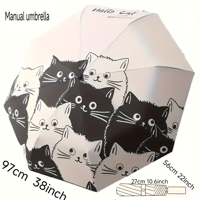 Cute Cat Design Manual Folding Umbrella - 8-Rib Carbon Fiber Frame, 190T Water-Resistant Fabric, Compact Lightweight Umbrella for Women & Men, Sun & Rain Dual Use, Outdoor Umbrella