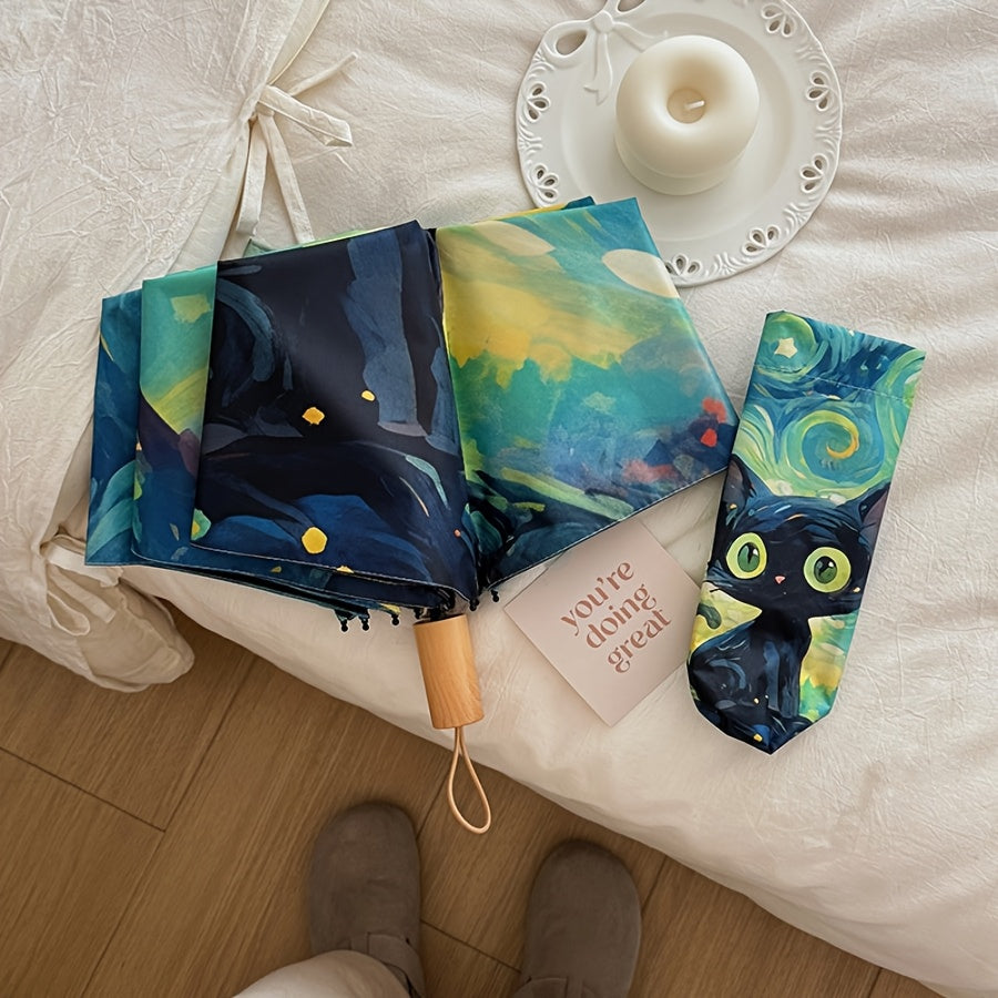 1pc Van Gogh Inspired Black Cat Pattern Folding Umbrella, Casual Cute Fashion Style, Manual Open, 8 Ribs, Pongee & Iron Material, Foldable Sunshade with UV Protection