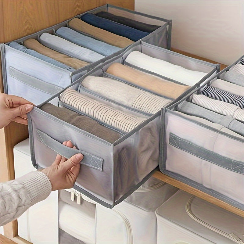 1pc Foldable Closet Organizer with 7-Grid Drawer, Washable Wardrobe Clothes Storage for Jeans and T-Shirts, Non-Textile Material, Grey with Handle