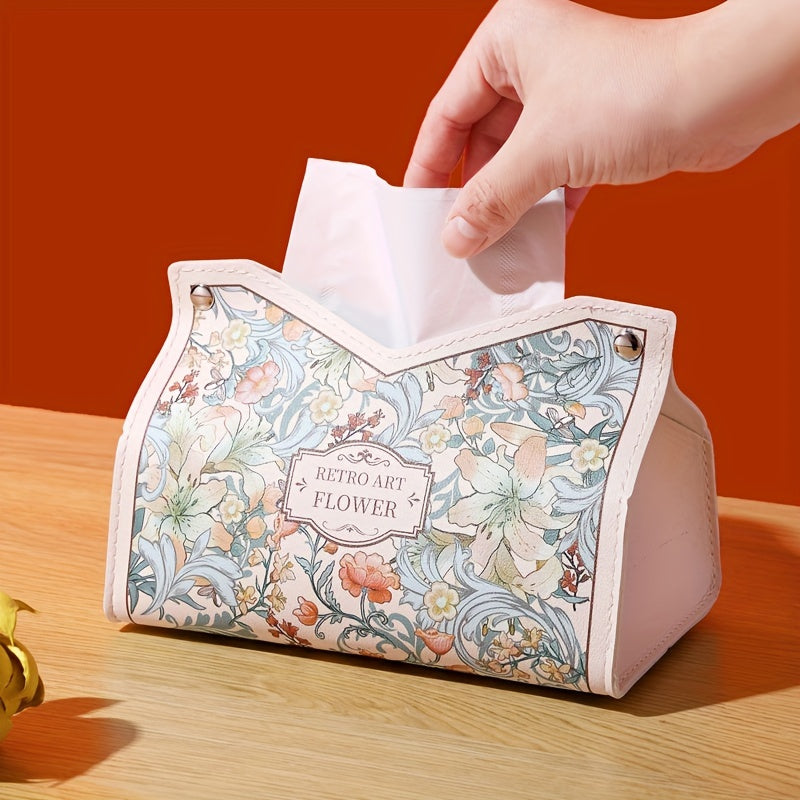 Vintage Floral Art PVC Tissue Box Cover - Elegant Retro Painted Napkin Holder for Living Room, Car, and Desktop Storage, Positioning Printing Design, Lightweight Handbag Organizer