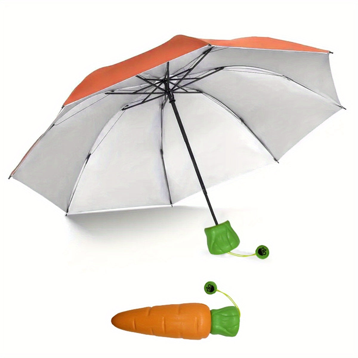 Kids' Cartoon Carrot Foldable Umbrella - Dual-Purpose Sun & Rain Protection, Windproof, Portable, Orange with Green Leaf Accents, Ideal for Outdoor Play & Everyday Use, Umbrella for Rain