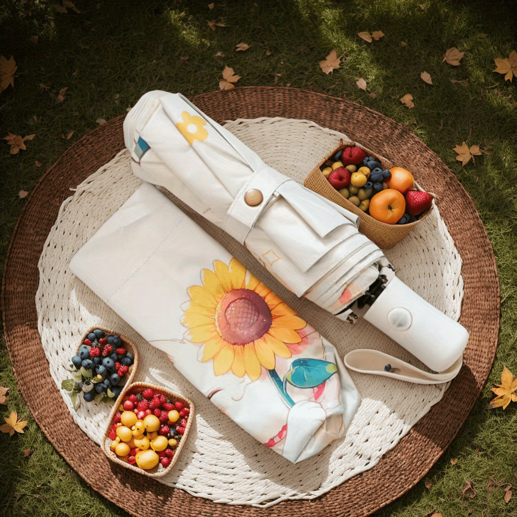 Cat & Sunflower Automatic Sun Umbrella - UV Protection Travel Umbrella with 8-Rib Compact Folding Design, Cute Cat Holding Sunflower Pattern, Lightweight Windproof for Rain & Shine, Stylish Outdoor Accessory