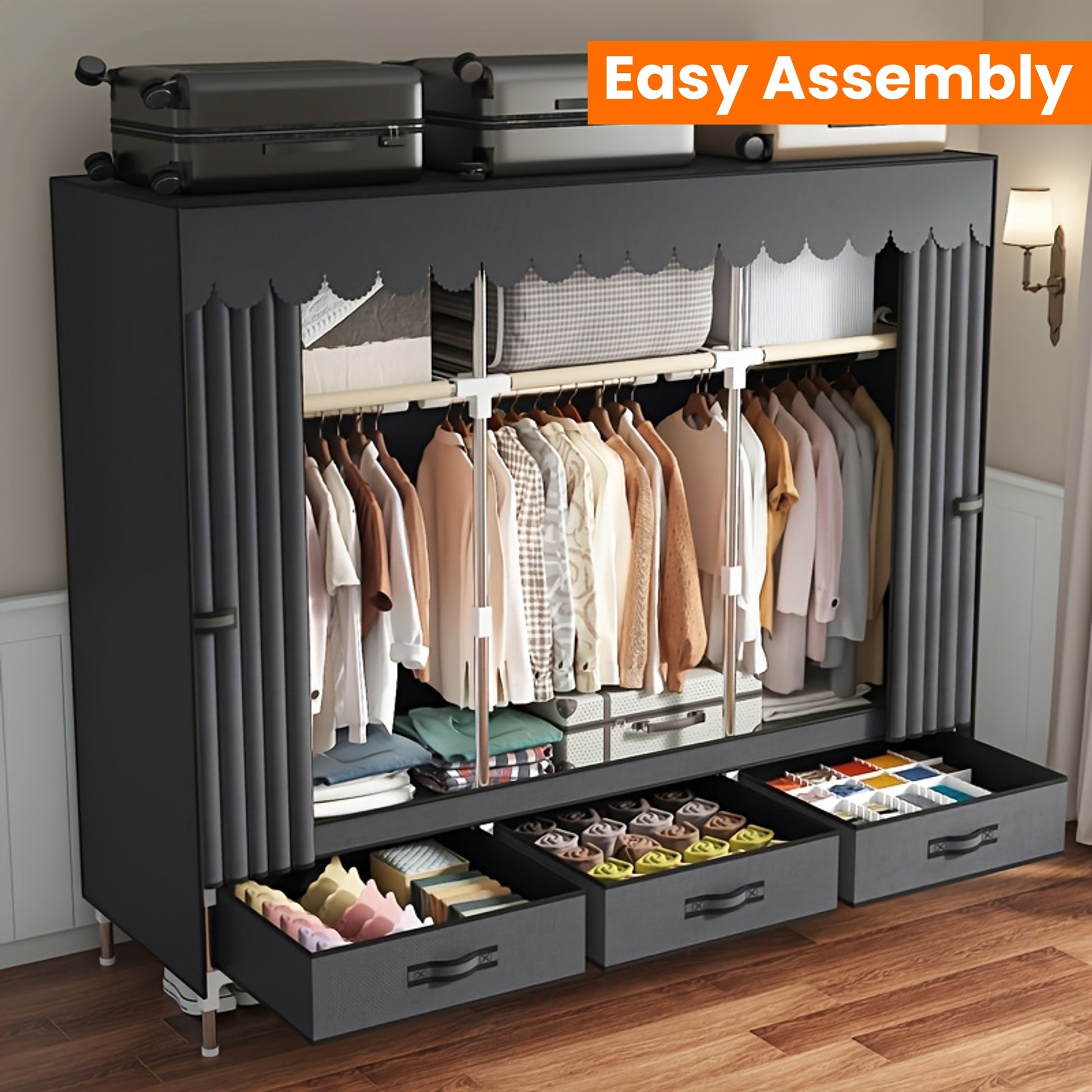 Freestanding Metal Closet with Drawers, Easy Assembly Wardrobe for Bedroom, Full Steel Frame, Versatile Storage System, Mixed Color, Independent Installation, Secure Storage Capacity \u003C3.2 Cubic Feet, Assembled Height ≥27 Inches