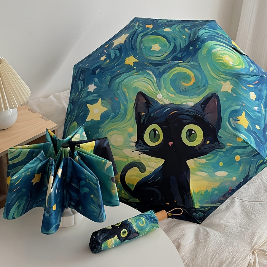 1pc Van Gogh Inspired Black Cat Pattern Folding Umbrella, Casual Cute Fashion Style, Manual Open, 8 Ribs, Pongee & Iron Material, Foldable Sunshade with UV Protection