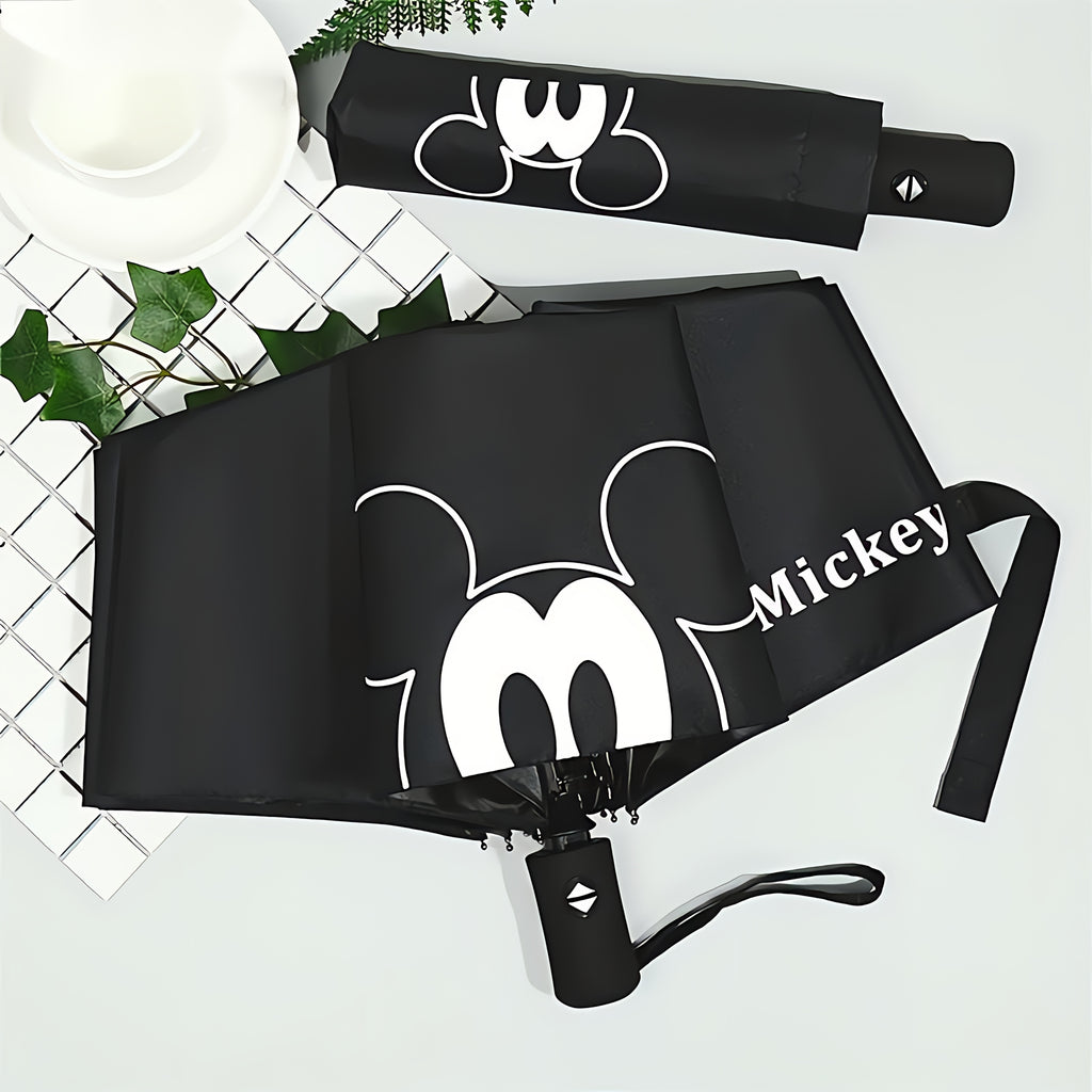 Minnie Mouse Black Foldable Umbrella - Automatic, 8-Rib Steel Frame, Durable Pongee Canopy with EVA Handle, Perfect for Sun & Rain, Rain Gear|Playful Design|Steel Frame Umbrella