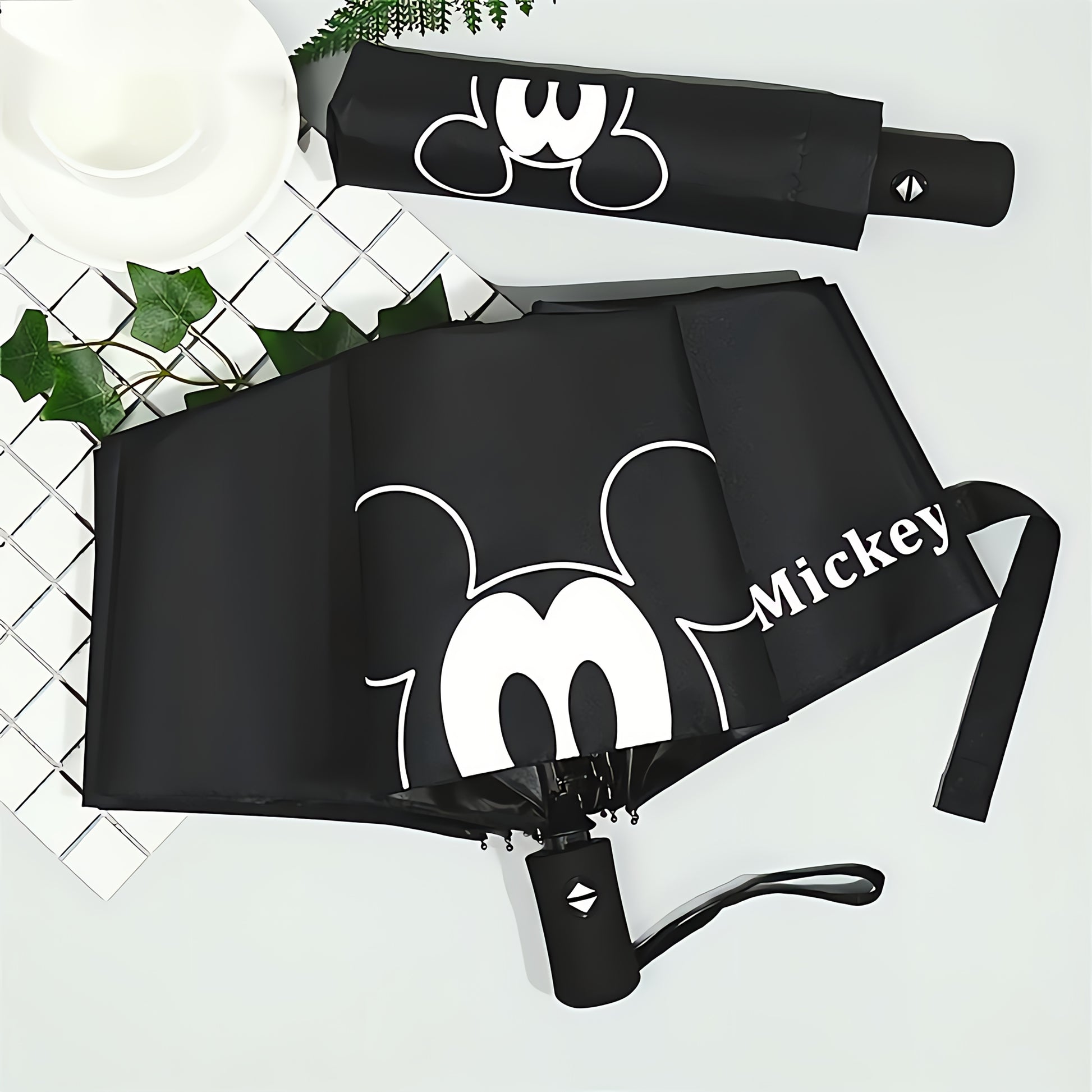 Minnie Mouse Black Foldable Umbrella - Automatic, 8-Rib Steel Frame, Durable Pongee Canopy with EVA Handle, Perfect for Sun & Rain, Rain Gear|Playful Design|Steel Frame Umbrella