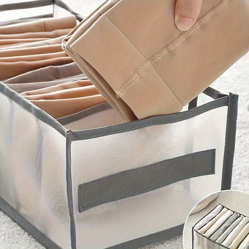 1pc Foldable Closet Organizer with 7-Grid Drawer, Washable Wardrobe Clothes Storage for Jeans and T-Shirts, Non-Textile Material, Grey with Handle