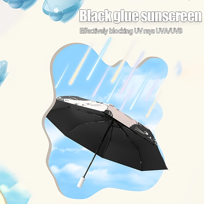 Cute Cat Design Manual Folding Umbrella - 8-Rib Carbon Fiber Frame, 190T Water-Resistant Fabric, Compact Lightweight Umbrella for Women & Men, Sun & Rain Dual Use, Outdoor Umbrella